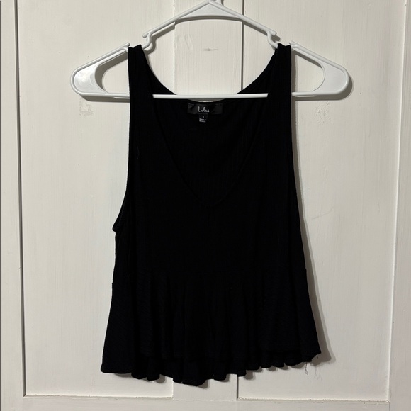 Lulus Gwynne Black Ribbed V-neck Ruffled Cropped Tank Top - Size S - Picture 2 of 4